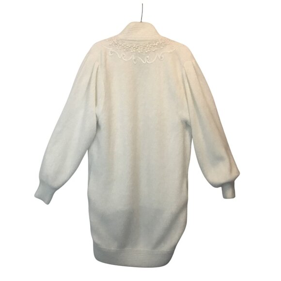 VTG Womens 2XL Open Cardigan Longline Sweater White Angora Blend Pearl Embellish - Picture 2 of 12